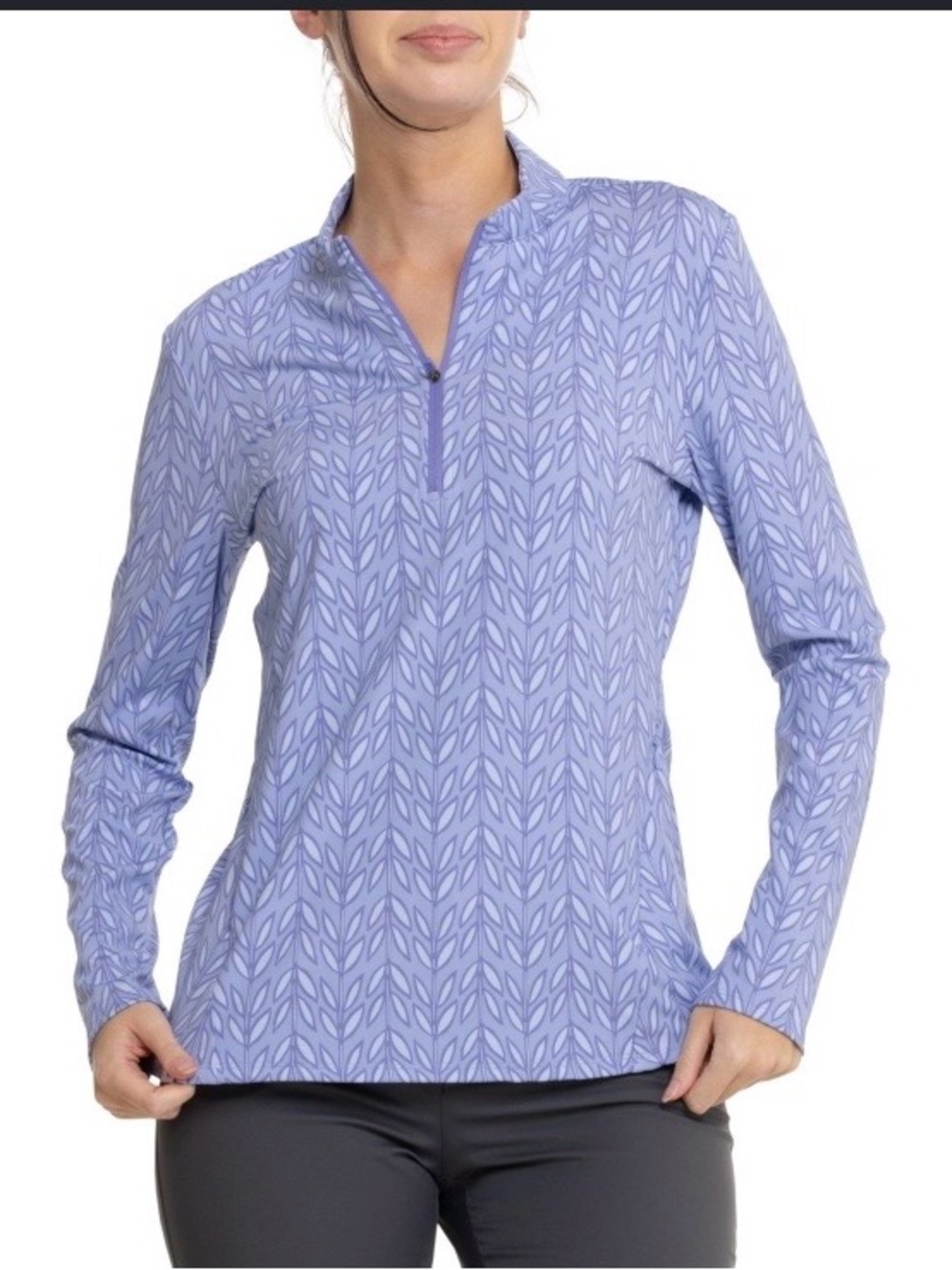 Sigrid Olsen Lilac Leaf-Print Quarter-Zip Long-Sleeve Top